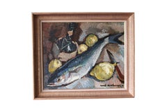 Bodegón de pescado vintage pintura al óleo pescado y limones gran cuadro de mediados de siglo