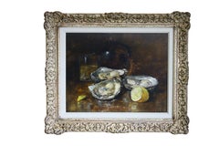 Antique Original French Oyster Oil Painting on Wood, Oysters and Lemon
