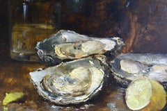 Antique French Original Oyster Oil Painting on Wood, ostriche e limone