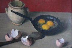 Mid-Century French Still Life, Fried Eggs in Skillet, Signed Oil on Board