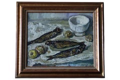 Nature morte aux poissons, style « Mid-Century Modern » français, grande peinture à l'huile représentant un poisson et un mortier