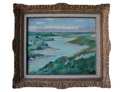 Paesaggio antico della Normandia, dipinto a olio su tela raffigurante la costa francese, datato 1926