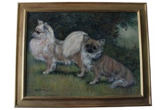 Ritratto di due chihuahua a pelo lungo, dipinto a olio su tela del 1994