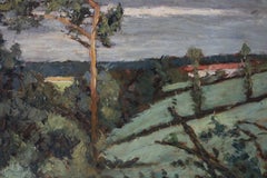 Grand paysage de campagne impressionniste français, avec des maisons et des arbres, Pierre Dumont
