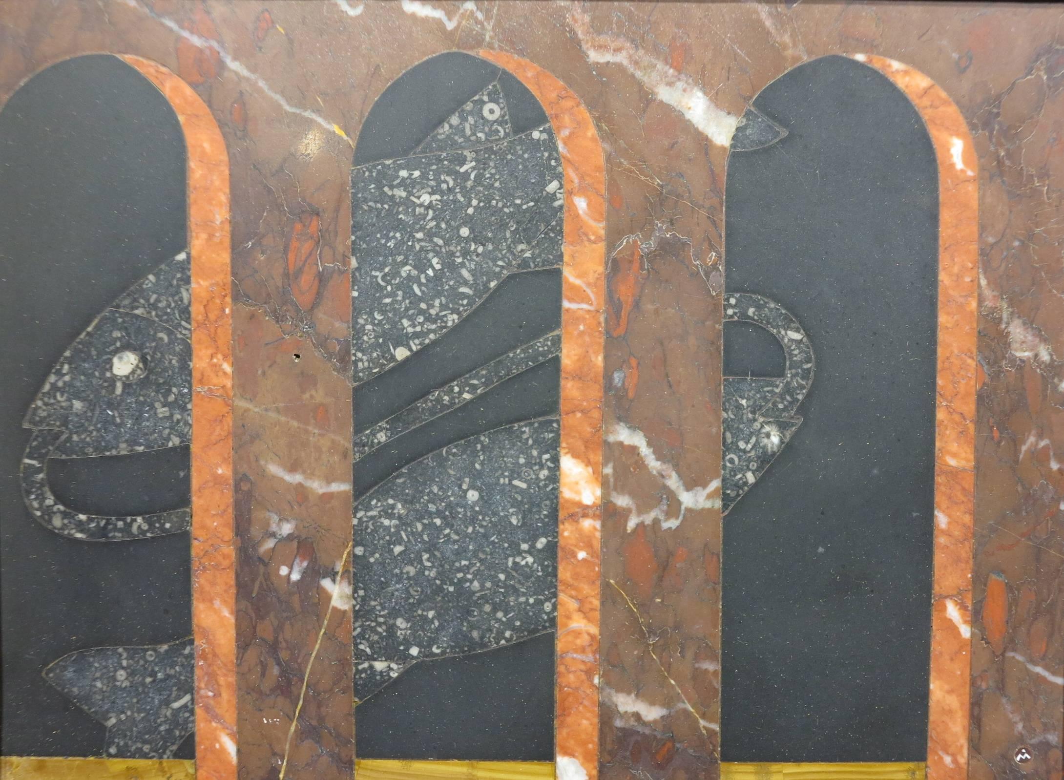 Stunning and very early (c.1947-50) marble and gemstone tile by American artist Richard Blow. Panel measures 6 x 8 inches; 10.25 x 12.25 inches framed.  Perfect condition with no damage or restoration. Depicted is the Pisces astrological image