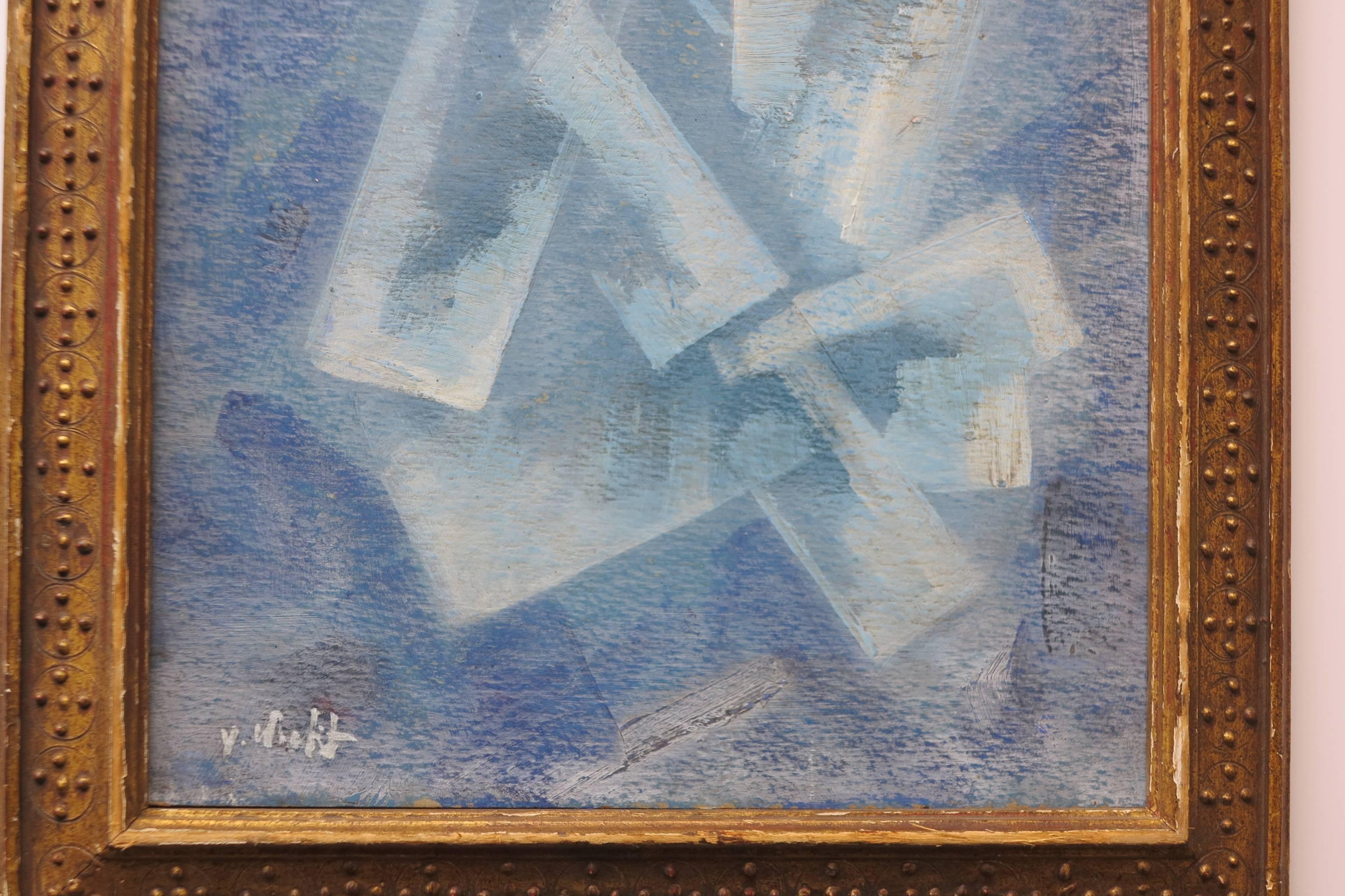 Abstract composition, c.1950. Oil on cardboard panel measures 10 x 13.5 inches. Signed lower left. Gilt frame has some loss to edges. Painting is in excellent condition with no damage or restoration. 

John Von Wicht
1888-1970

In Ad