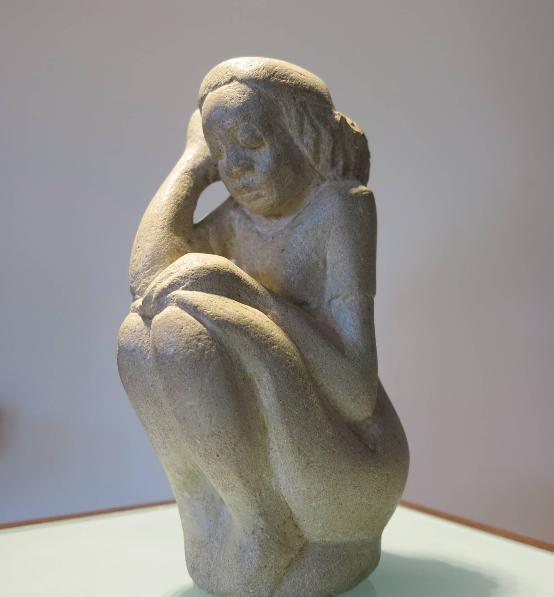 Woman in Contemplation - Gray Figurative Sculpture by Unknown