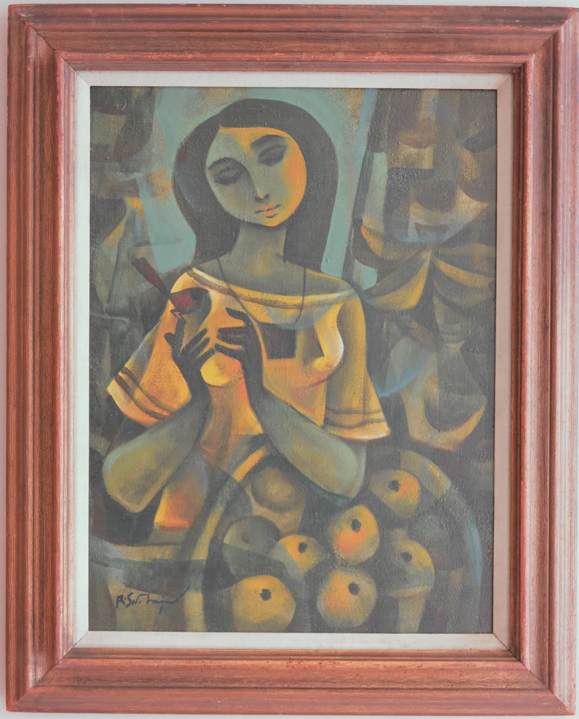 Girl with Bird - Painting by Roger San Miguel