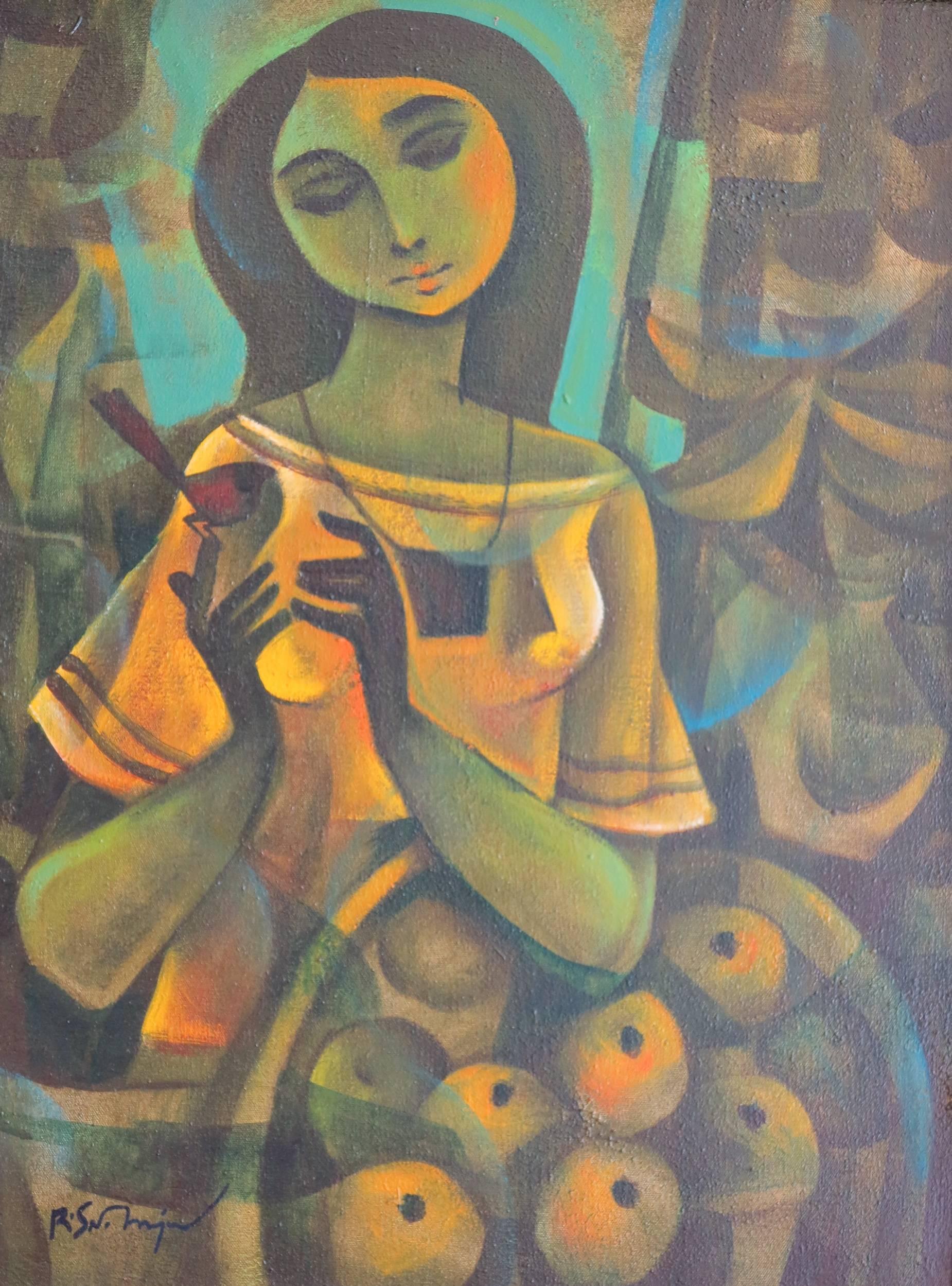 Roger San Miguel Abstract Painting - Girl with Bird