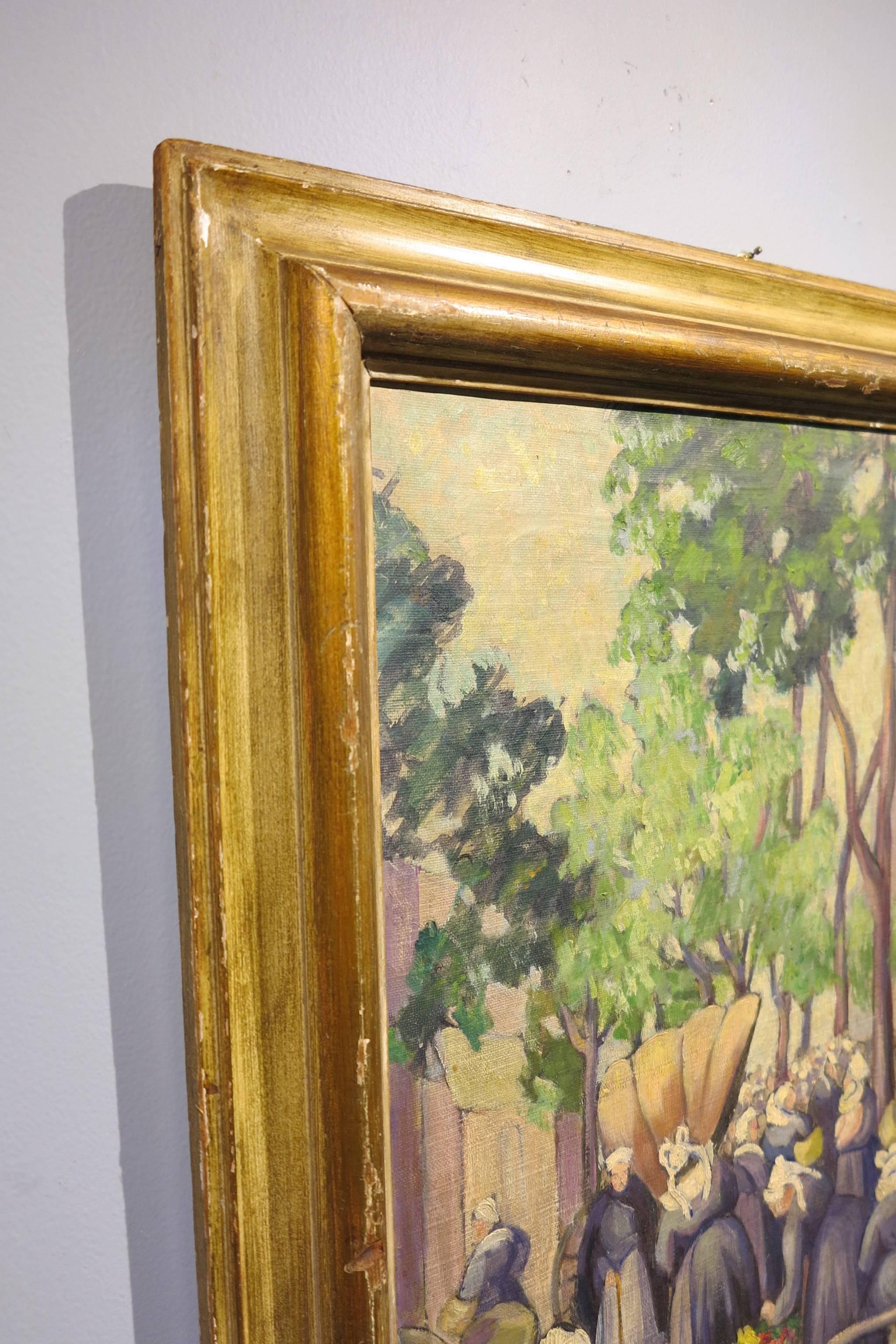 Beautiful painting by Kansas native, Grace Bliss Stewart (1895-1969). Brittany Market, c.1925-30. Oil on canvas measures 20 x 24 inches; 25 x 29 inches in original frame. Signed lower right. Original label and additional information written and