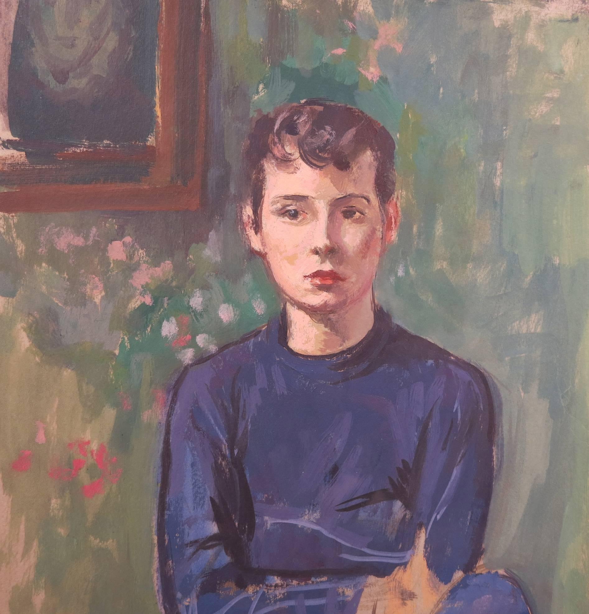 Portrait of Young Man in Blue - Painting by Vito Tomasello