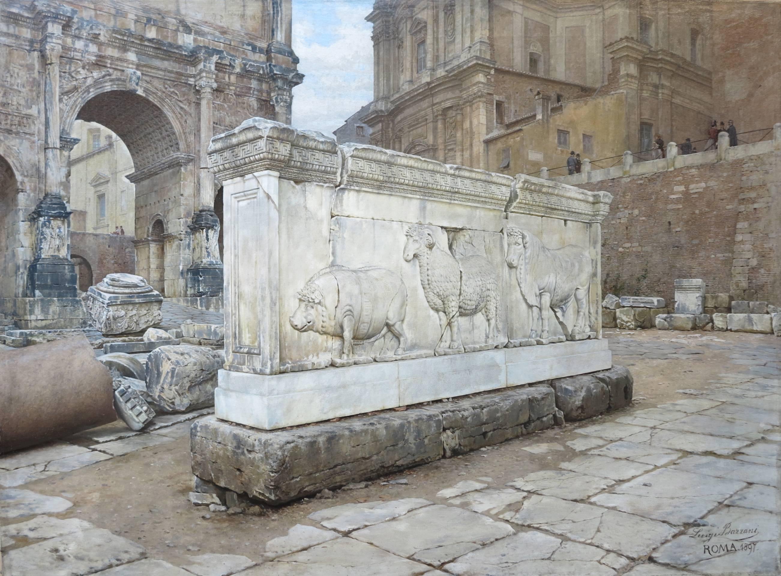 Landscape Painting de Luigi Bazzani - Anaglifo de Trajano en el Foro Romano (Gran Recorrido Ruinas Italianas Pintura)