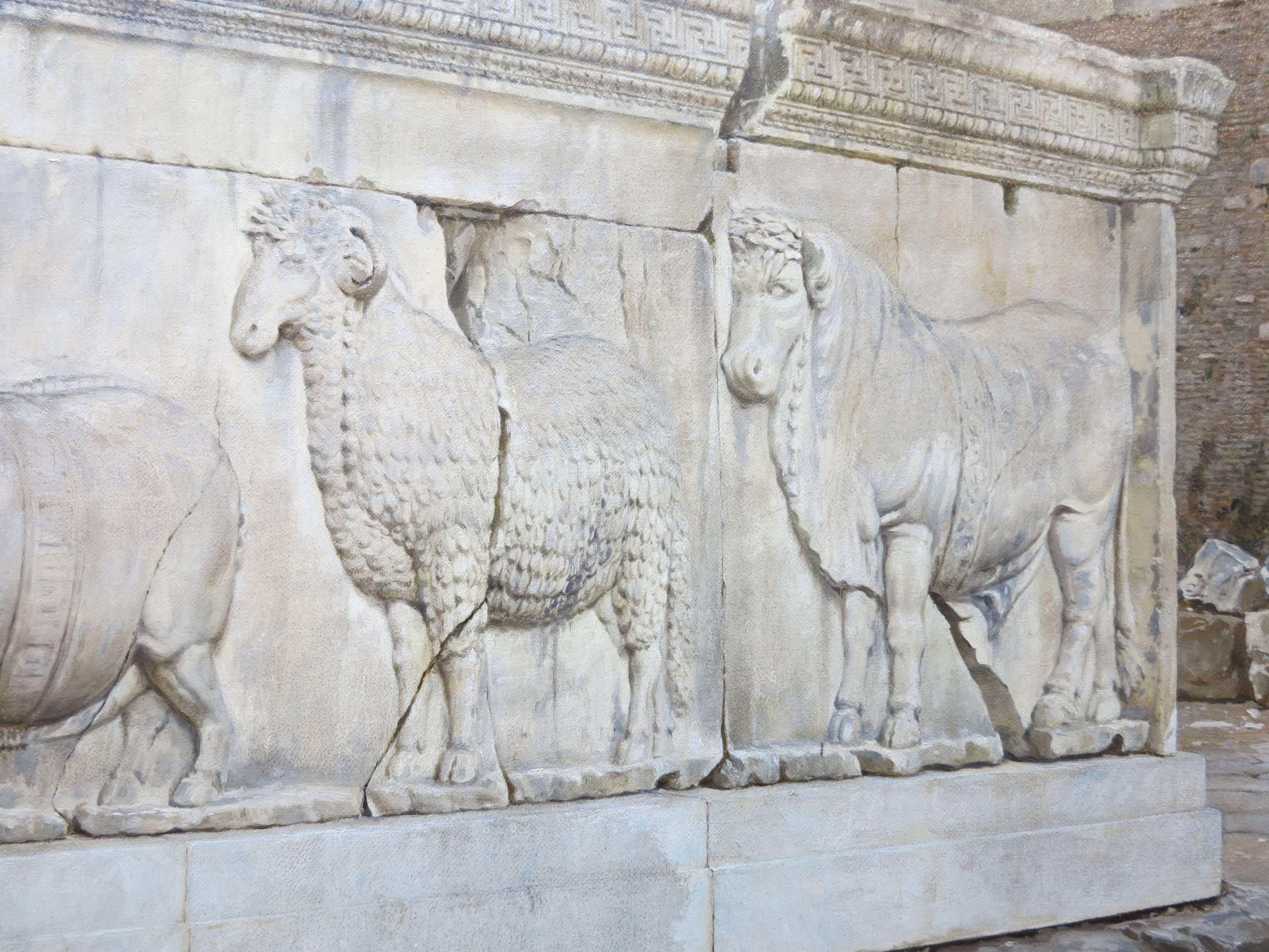 Impresionante vista del Foro Romano por el artista italiano Luigi Bazzani (italiano, 1836-1927).  Anaglifo de Trajano en el Foro Romano, 1897. Óleo sobre lienzo, 30 x 40 pulgadas. Firmado y fechado abajo a la derecha. Procedencia: Instituto