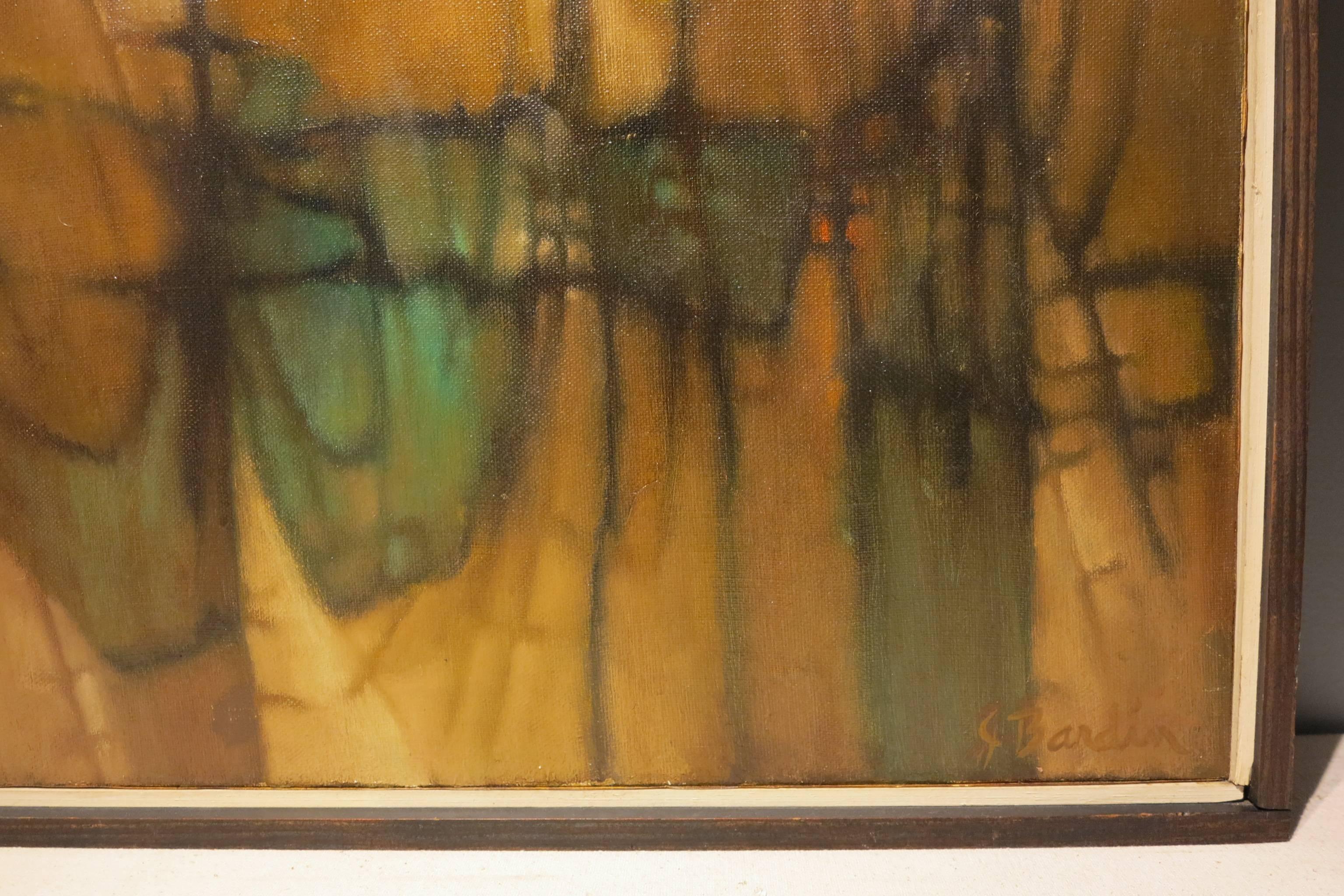 Beautiful abstract expressionist painting by South Carolina artist, Jesse Redwin Bardin (1923-1997). Oil on canvas measures 21 x 34 inches; 22 x 35 inches in original frame. Signed lower right. Two areas of repair to canvas indicated by patches en