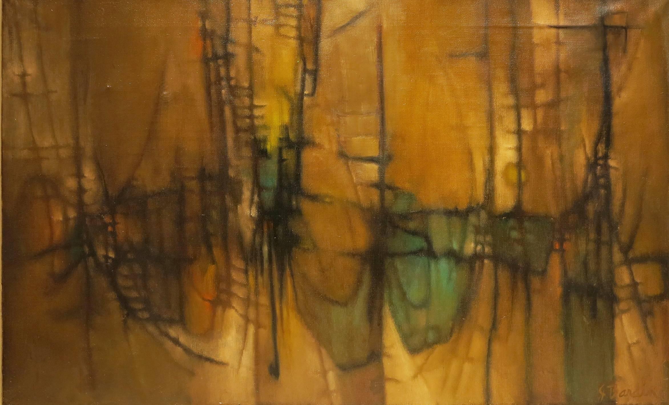 Jesse Redwin Bardin Abstract Painting - Web & Accents on Tan (Mid-century abstract expressionist composition)