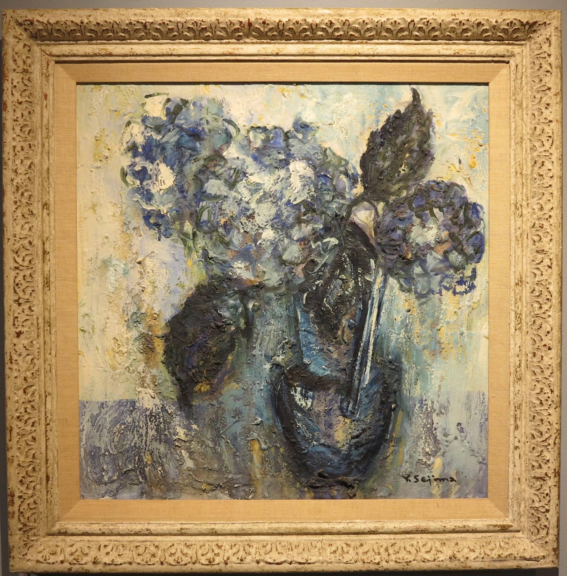 Blue Hydrangeas (abstract Impressionist Japanese floral still life painting) - Painting by Unknown