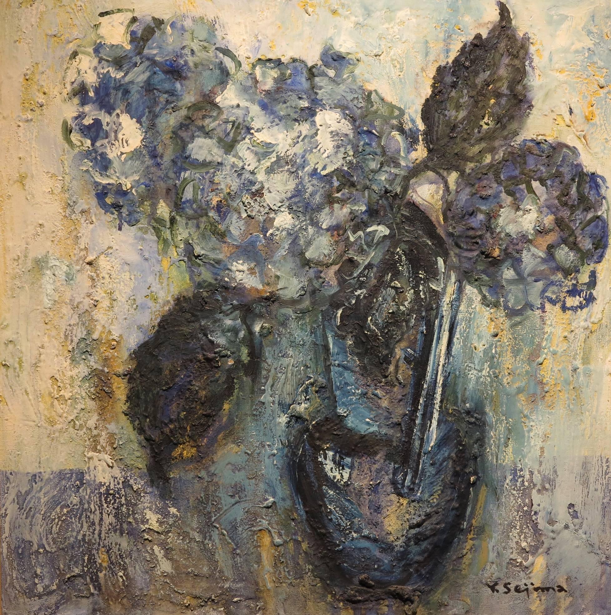 Unknown Still-Life Painting - Blue Hydrangeas (abstract Impressionist Japanese floral still life painting)