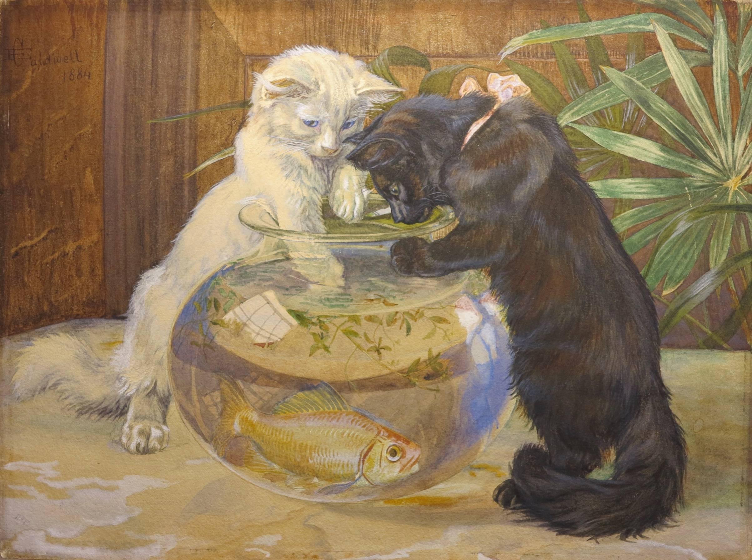 The Goldfish Bowl (Victorian Black and White cats painting) - Painting by Edmund Caldwell