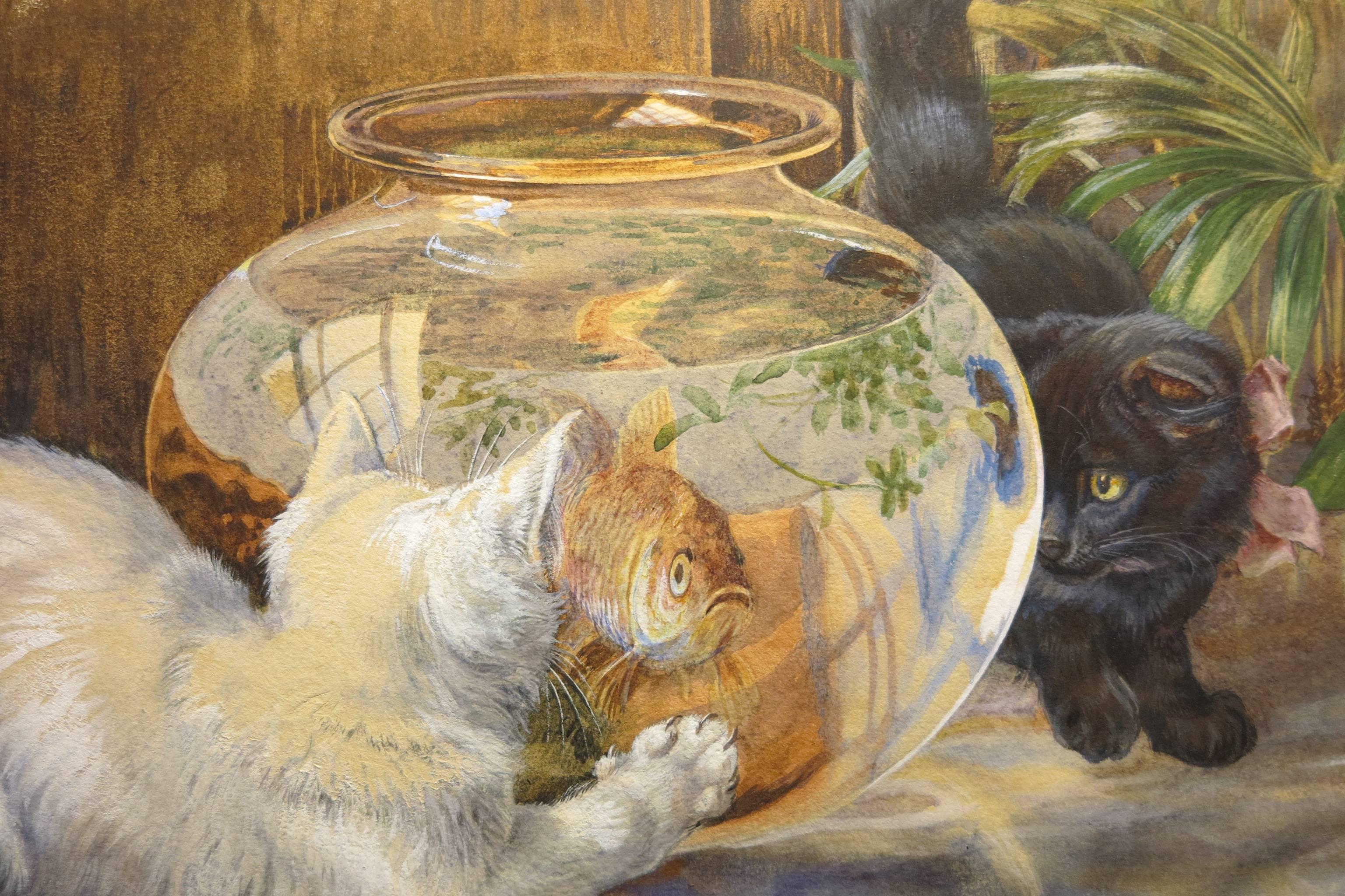 The Goldfish Bowl (Victorian Black and White cats painting) - Academic Painting by Edmund Caldwell
