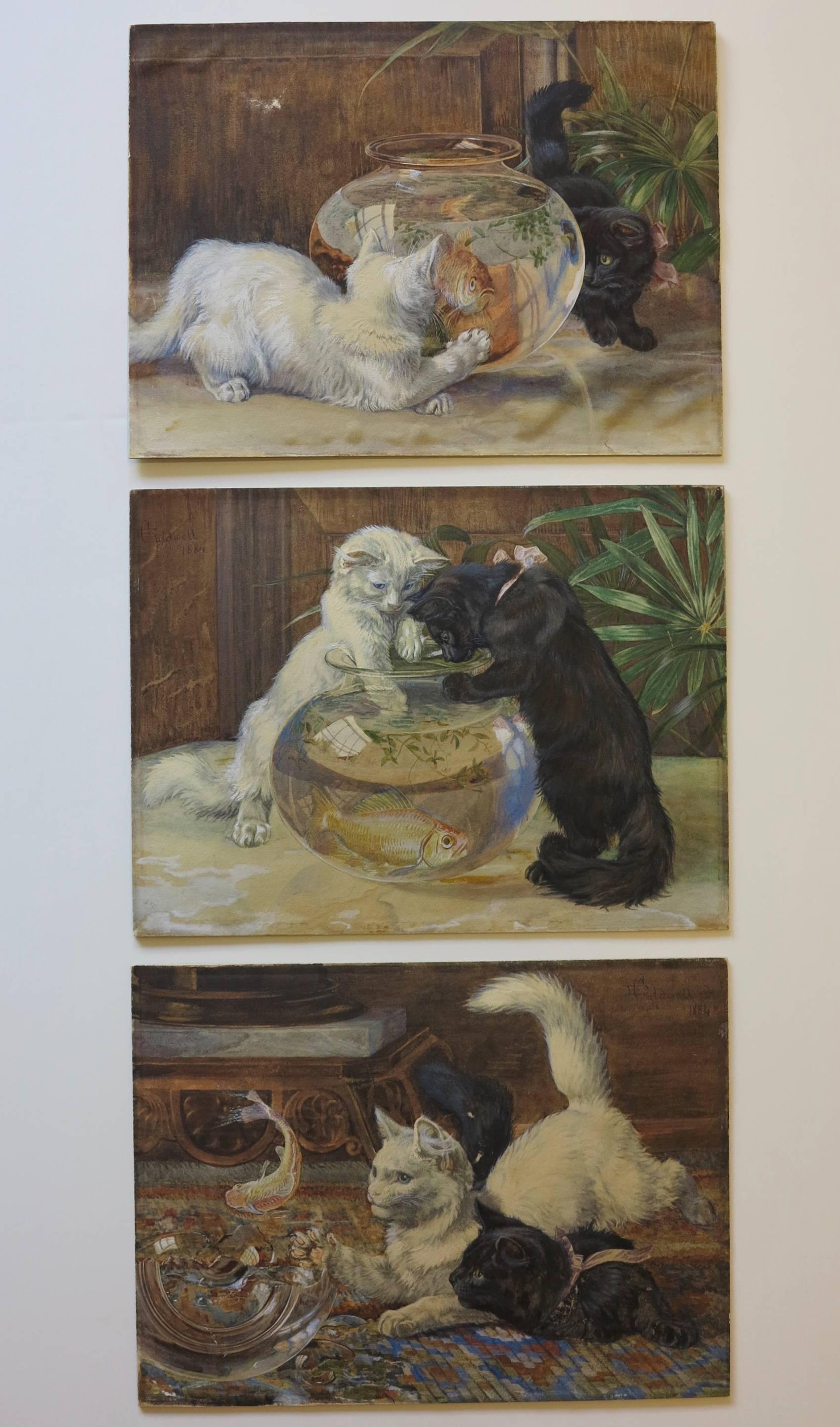 Edmund Caldwell Animal Painting - The Goldfish Bowl (Victorian Black and White cats painting)