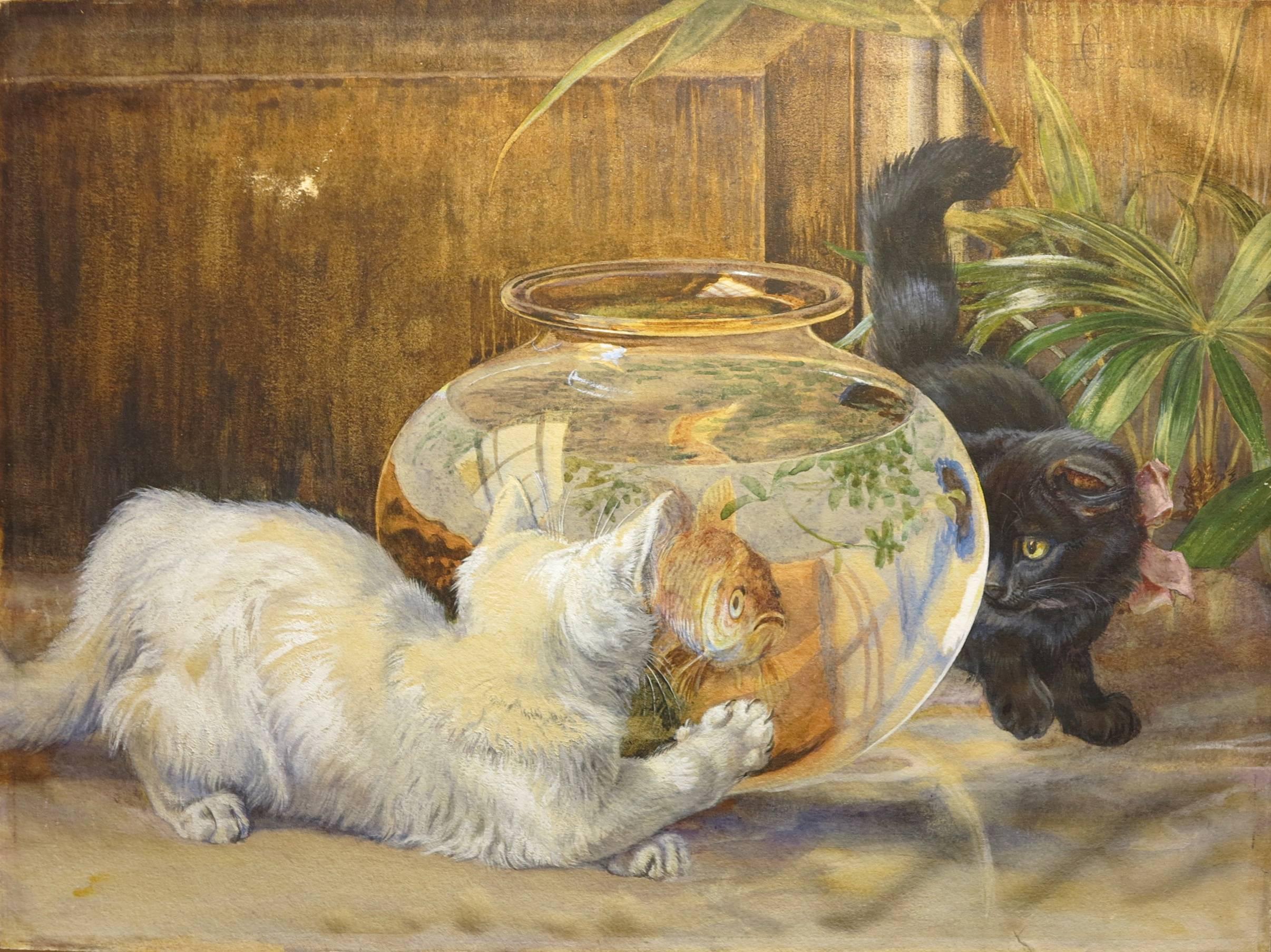 Exquisite triptych by English artist Edmund Caldwell (1852-1930). The Goldfish Bowl, 1884. Watercolor on paper mounted to cardboard backing. Panels measure 11.25 x 15 inches each . Unframed. Minor paint loss. Each panel is signed and dated upper