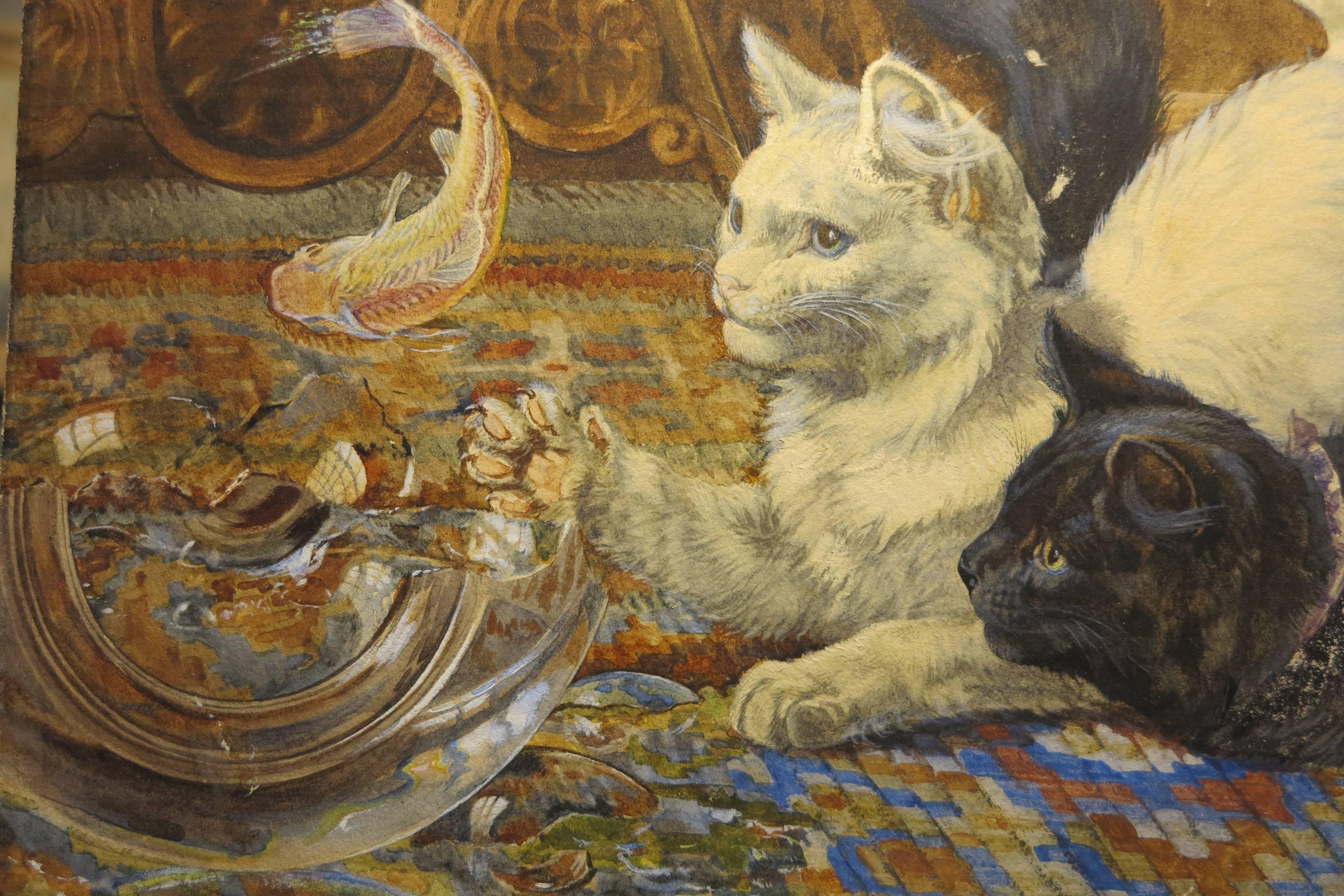 The Goldfish Bowl (Victorian Black and White cats painting) 1