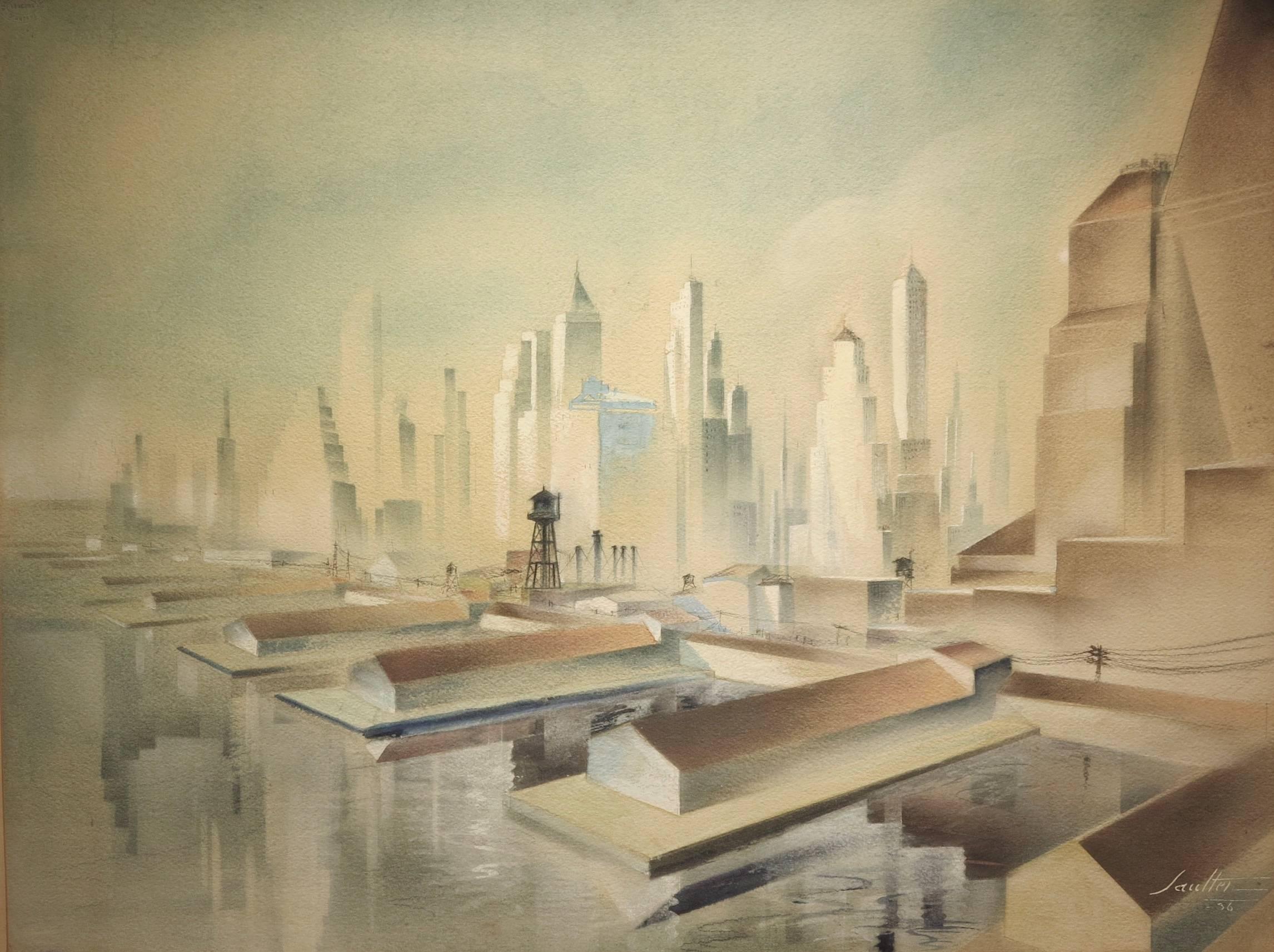 Leon Saulter Abstract Painting - West Side Piers (Art Deco Manhattan New Your City cityscape painting)