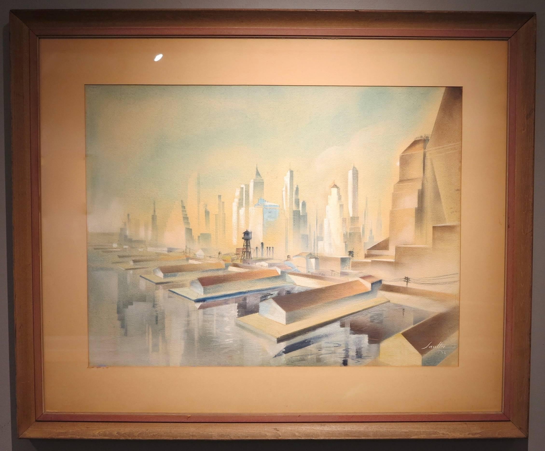 West Side Piers (Art Deco Manhattan New Your City cityscape painting) - Painting by Leon Saulter