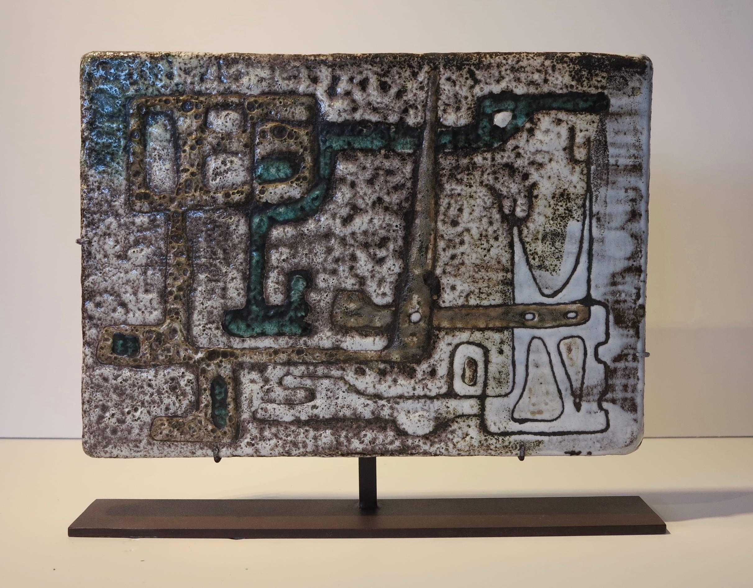 Jean Rivier Abstract Sculpture - Untitled (Geometric abstract glazed tile sculpture)
