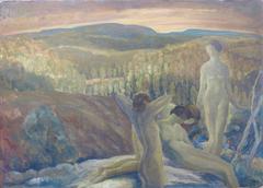Arcadian Landscape (Art Deco sunrise with nude female figures)