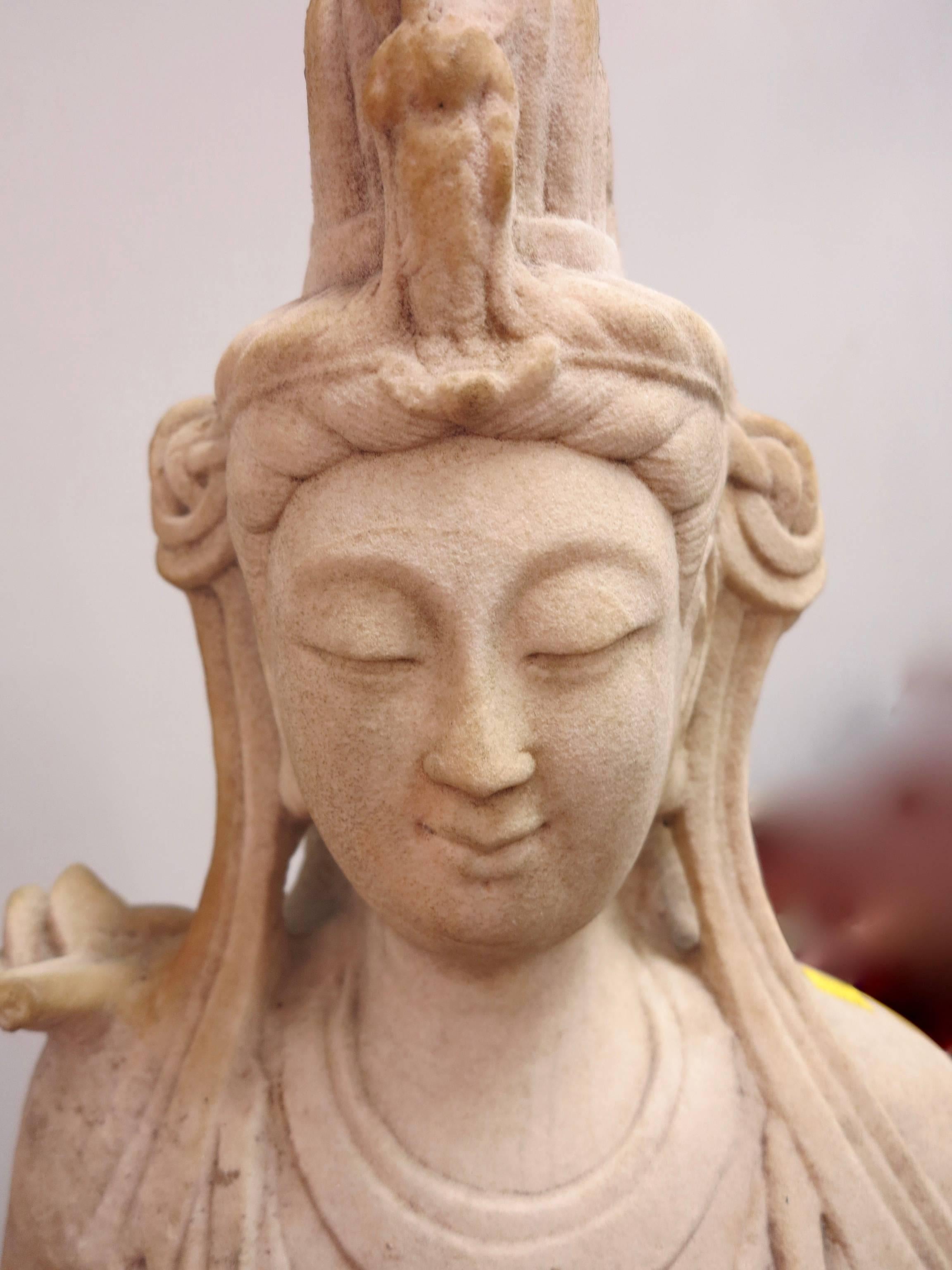 Antique standing Guan Yin Bodhisattva marble sculpture - Sculpture by Unknown