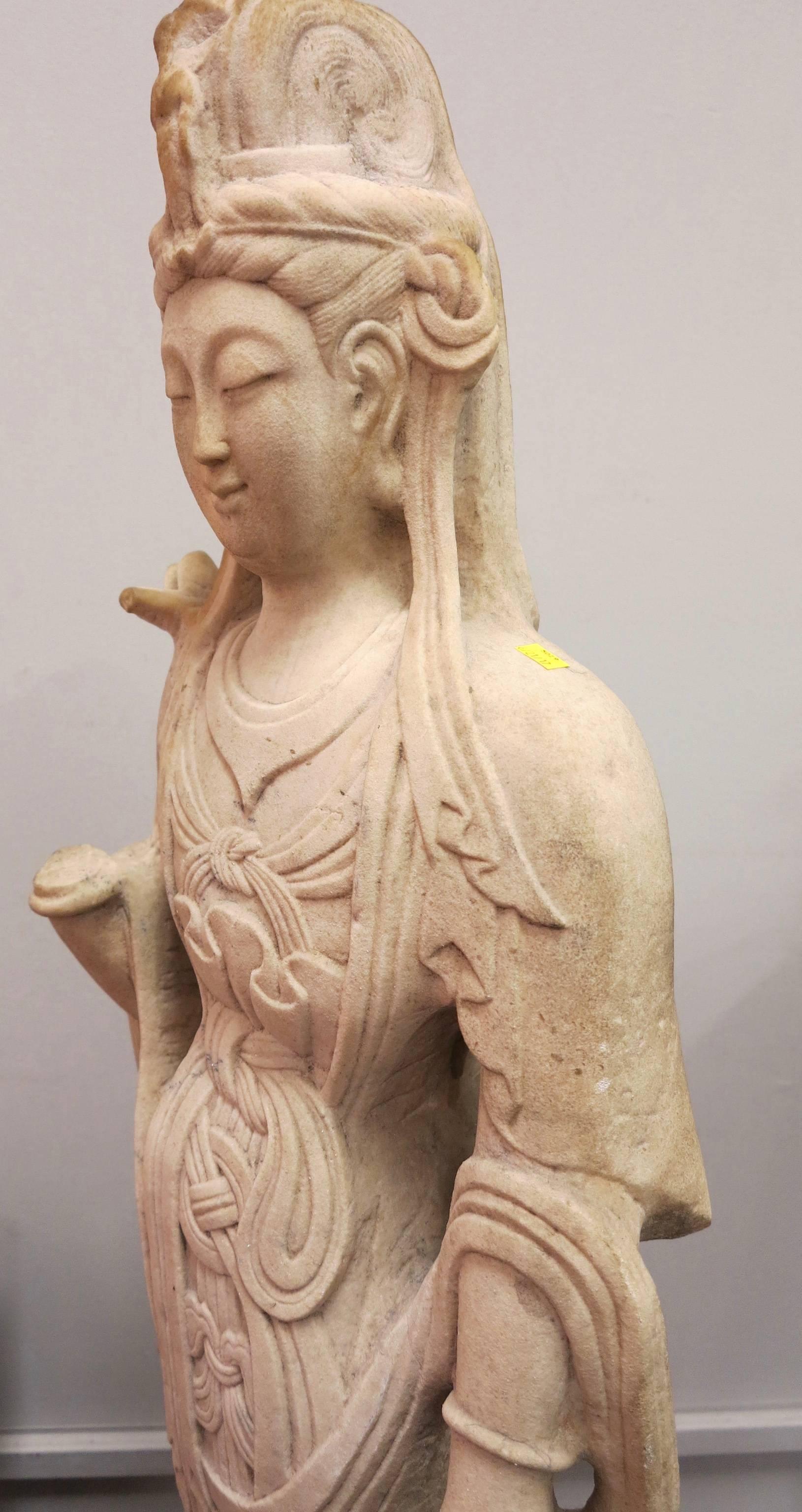 Antique standing Guan Yin Bodhisattva marble sculpture - Realist Sculpture by Unknown
