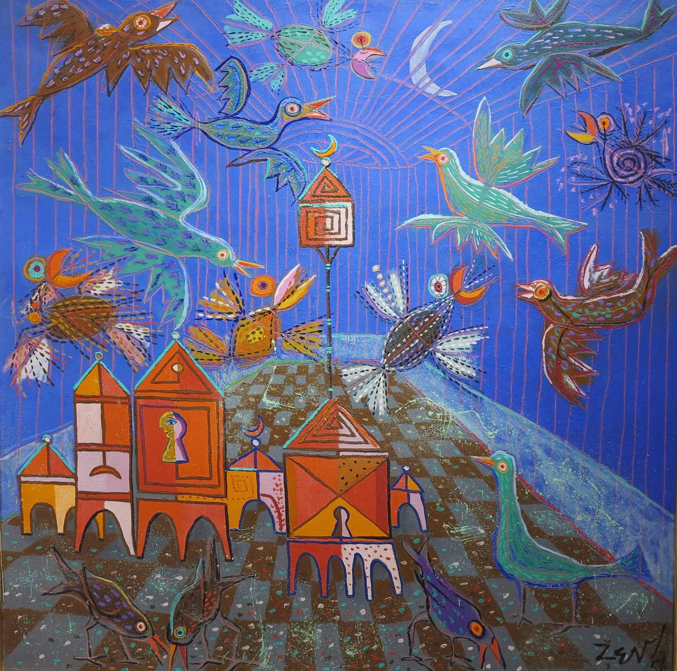 Daniel Albert Harris Abstract Painting - Cage dans la Cage (Birds in a Cage abstract painting)