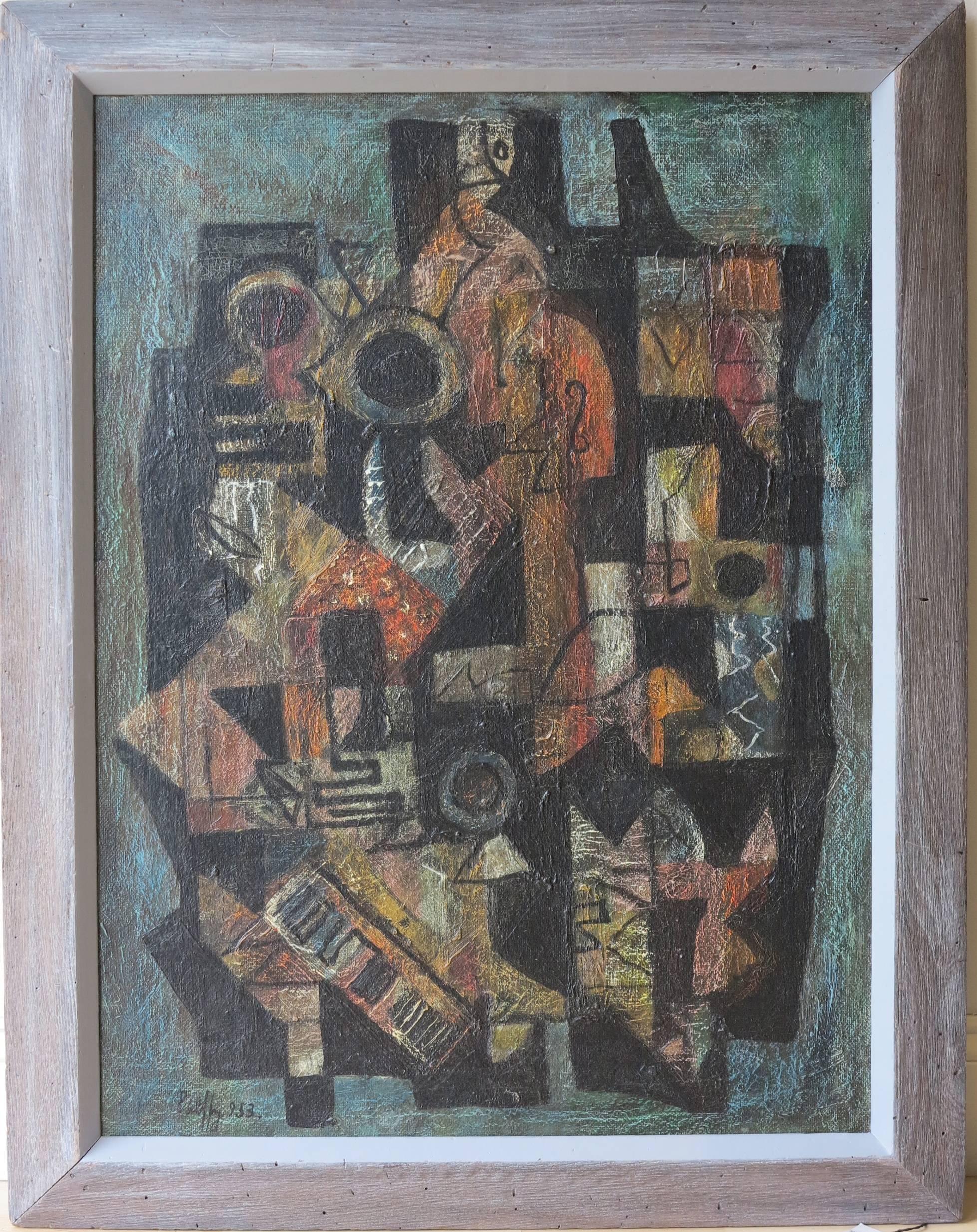 Beautiful cubist painting by Austrian artist, Peter Palffy (1899-1987). Musicians, 1953. Oil on masonite panel, measures 60 x 80 cm or approximately 23.5 x 31.5 inches. Measures 30.5 x 38.5 inches in a vintage Heydenryk frame that is original to the