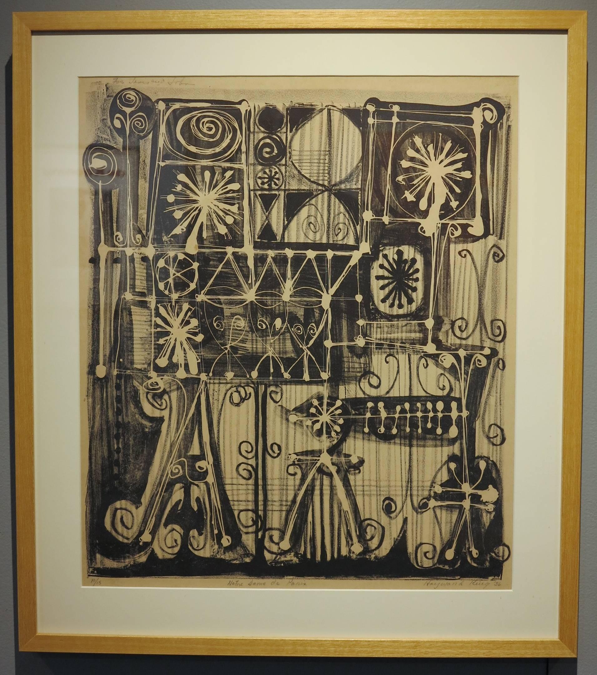 Beautiful abstract expressionist lithographic print by African-American artist Hayward King (1928-1990).  Notre Dame de Paris, 1956. Edition 15. Numbered 10/15. Sheet measures 17 1/4 x 20 5/8 inches; 22 x 25 inches matted and framed. Sheet is glued