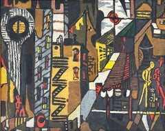Cubist Cityscape Surrealist Urban Landscape Mid-century NYC oil painting