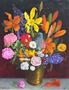 Pintura al óleo de un bodegón floral con insectos (artista negro de Filadelfia)