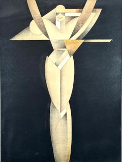 Retro Futurist Art Deco Hollywood Regency Cubist Female Figure Oil Painting