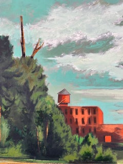 « Usines lointaines » (Peinture à l'huile de paysage, réalisme magique surréaliste, milieu du siècle)
