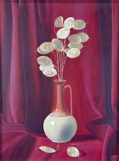 Still life with Lunaria Annua, (money plant, silver dollar plant) Oil painting