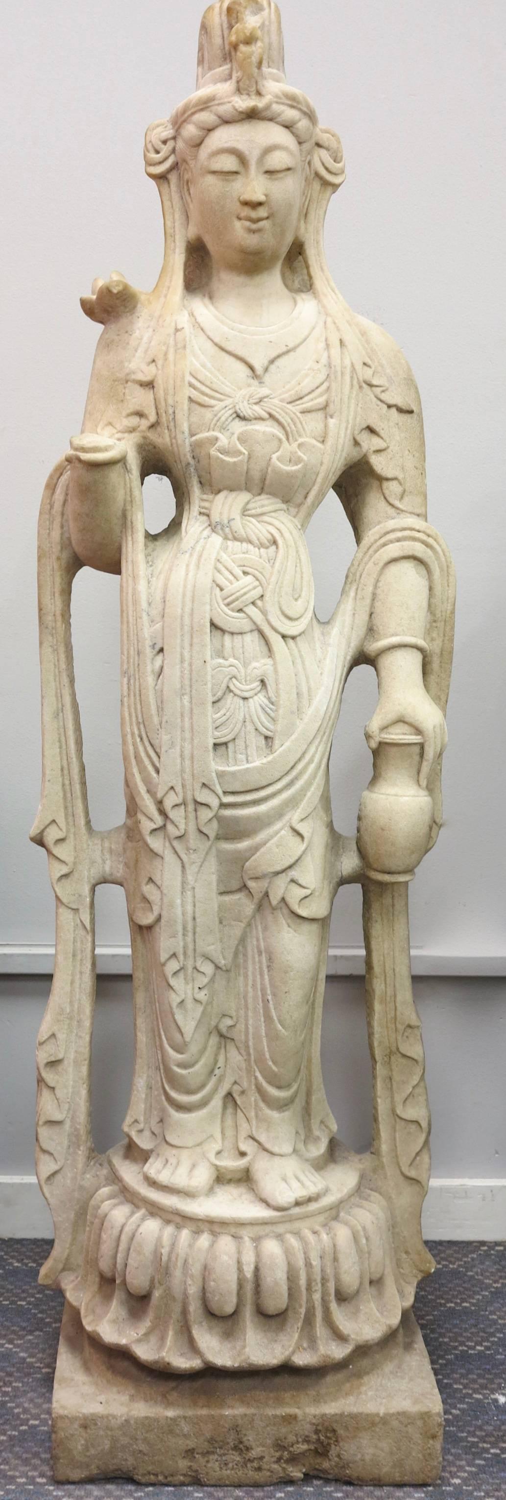 Unknown Figurative Sculpture - Antique standing Guan Yin Bodhisattva marble sculpture