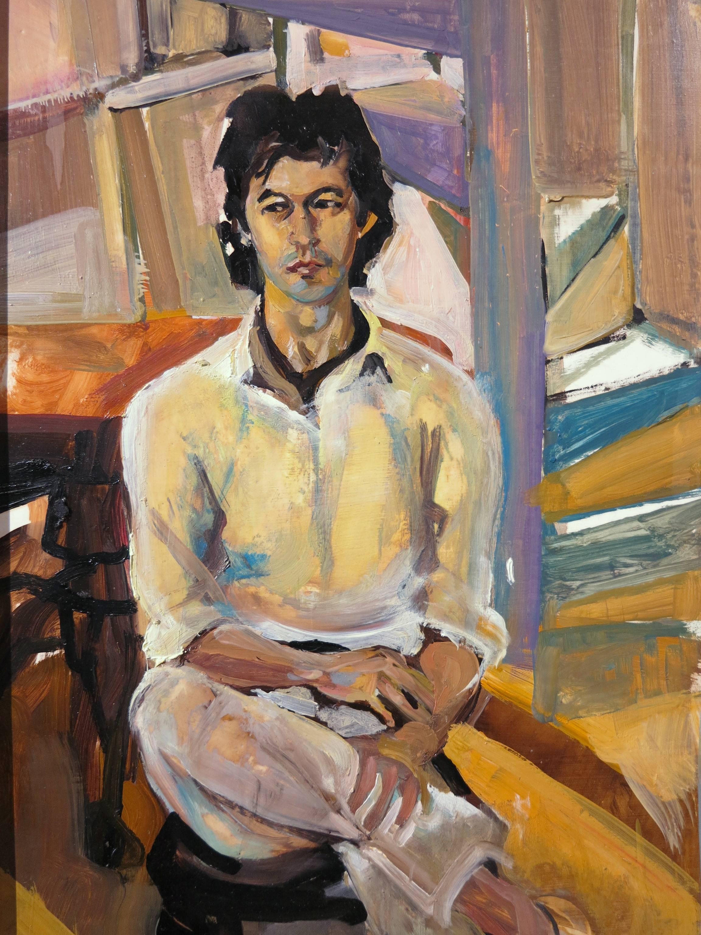 1984 Gemälde der britischen Künstlerin Emma Sergeant (geb. 1959). Porträt von Imran Khan. Öl an Bord misst 12 x 36 Zoll; 13 x 37 Zoll gerahmt. Holzrahmen. Hervorragender Zustand ohne Beschädigungen oder Restaurierung. Unten links mit