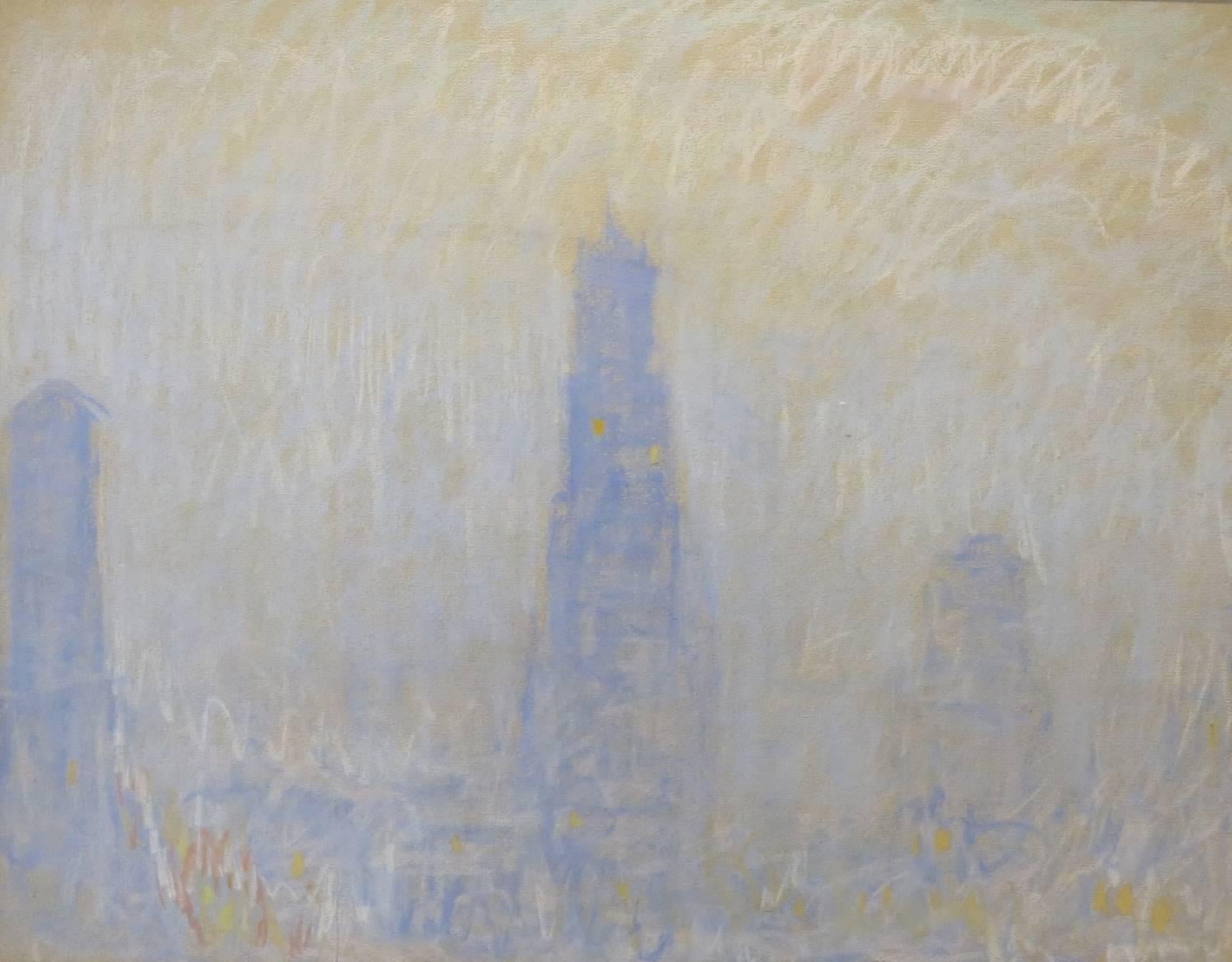 Ritz Hotel in Fog at Twilight - Brown Landscape Art by William Samuel Horton