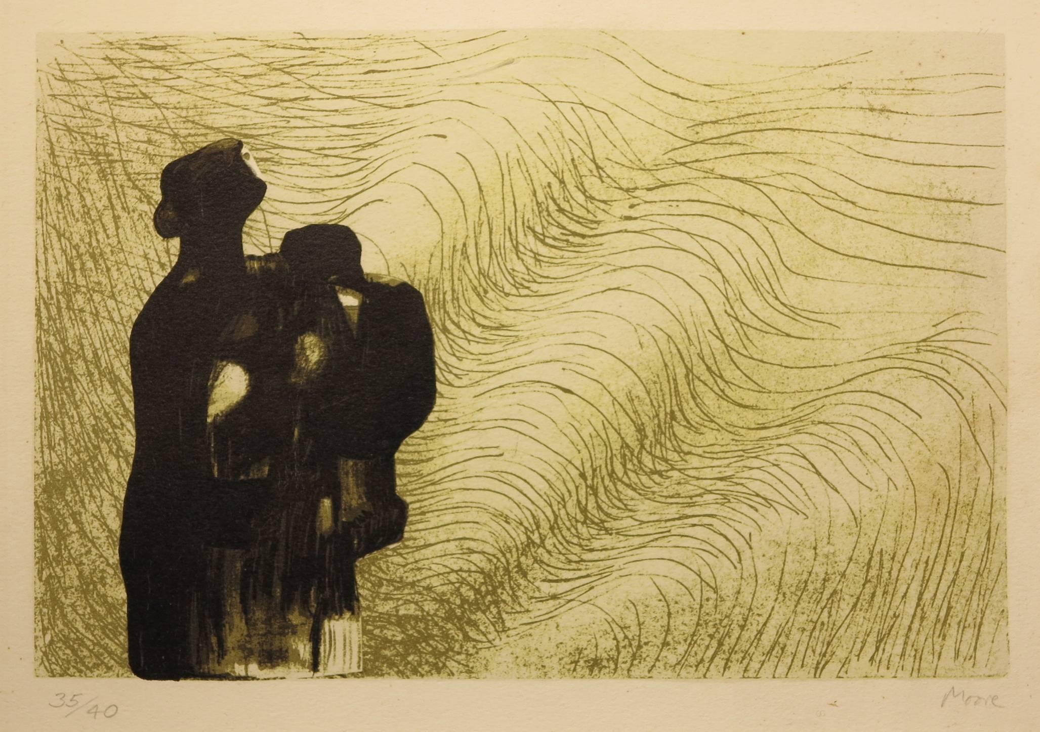 Henry Moore Abstract Print - Mother and Child with Wave Background III