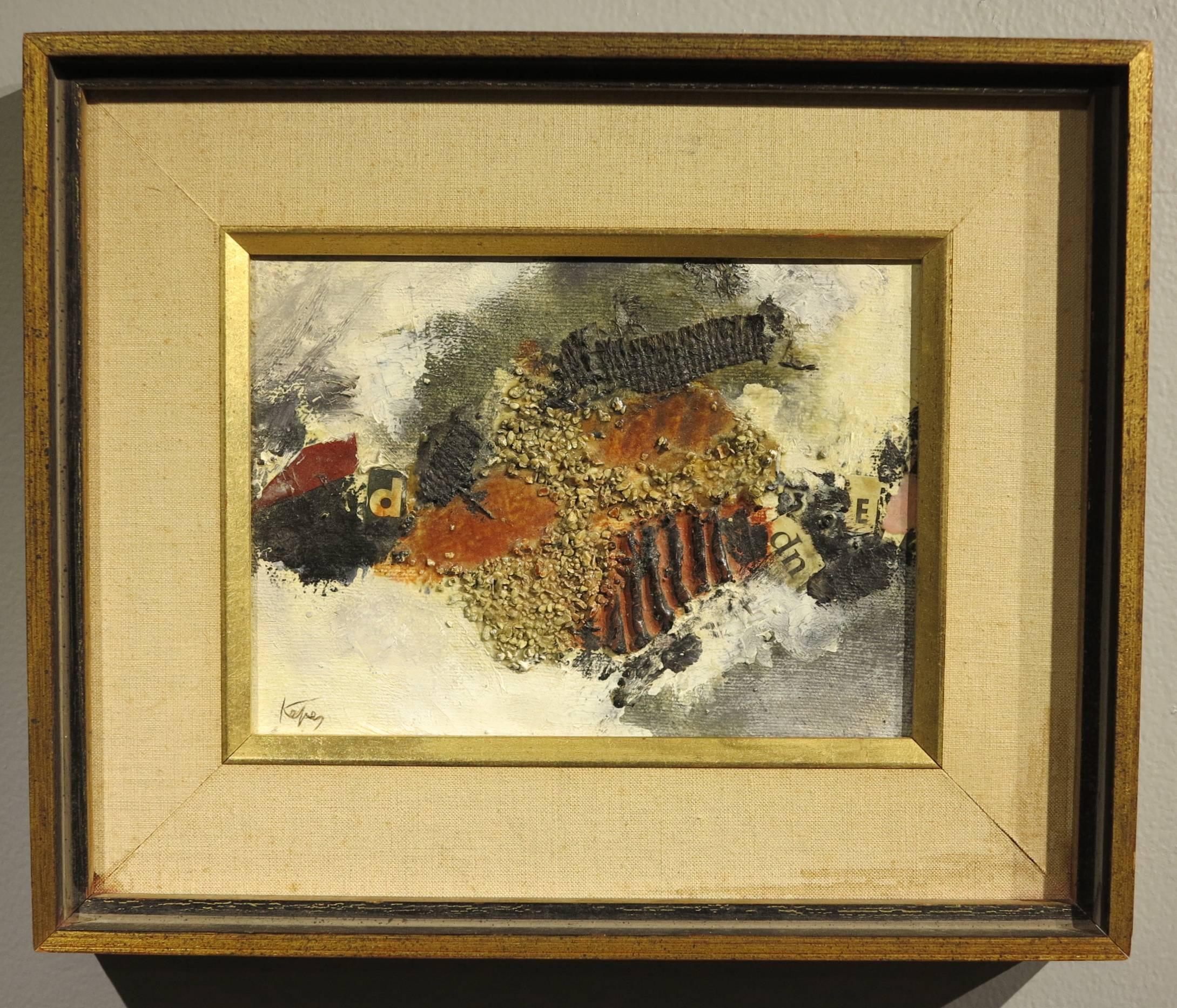 Gyorgy Kepes (1906-2001). Oil, sand and collage on canvas measures 6 x 8 inches; 10 x 12 inches framed. Painting is in excellent condition with no damage or restoration. Signed lower left. Frame has minor water stain on linen, lower right. 

Kepes