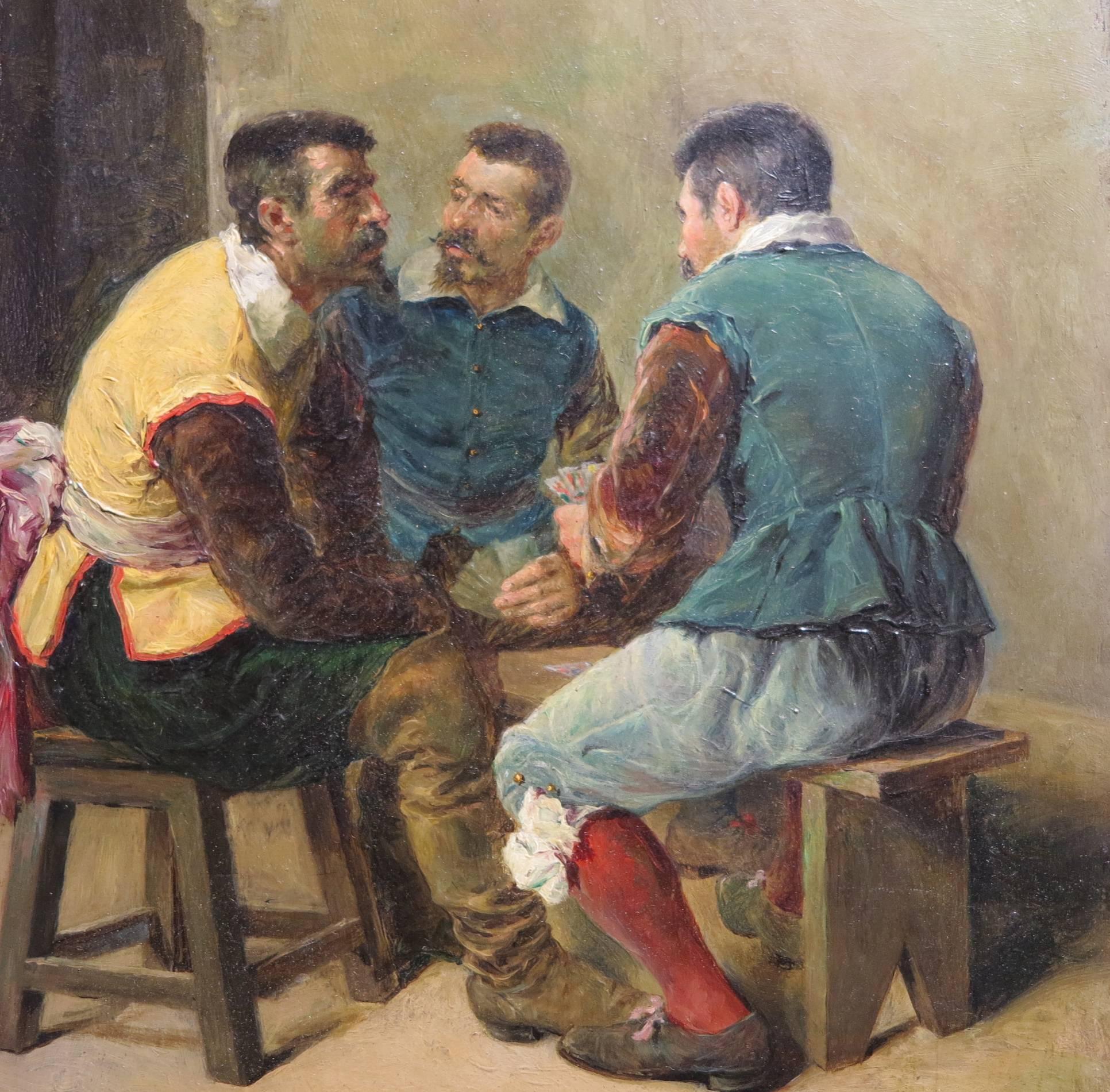 Card Players - Brown Figurative Painting by Vincente Campesino