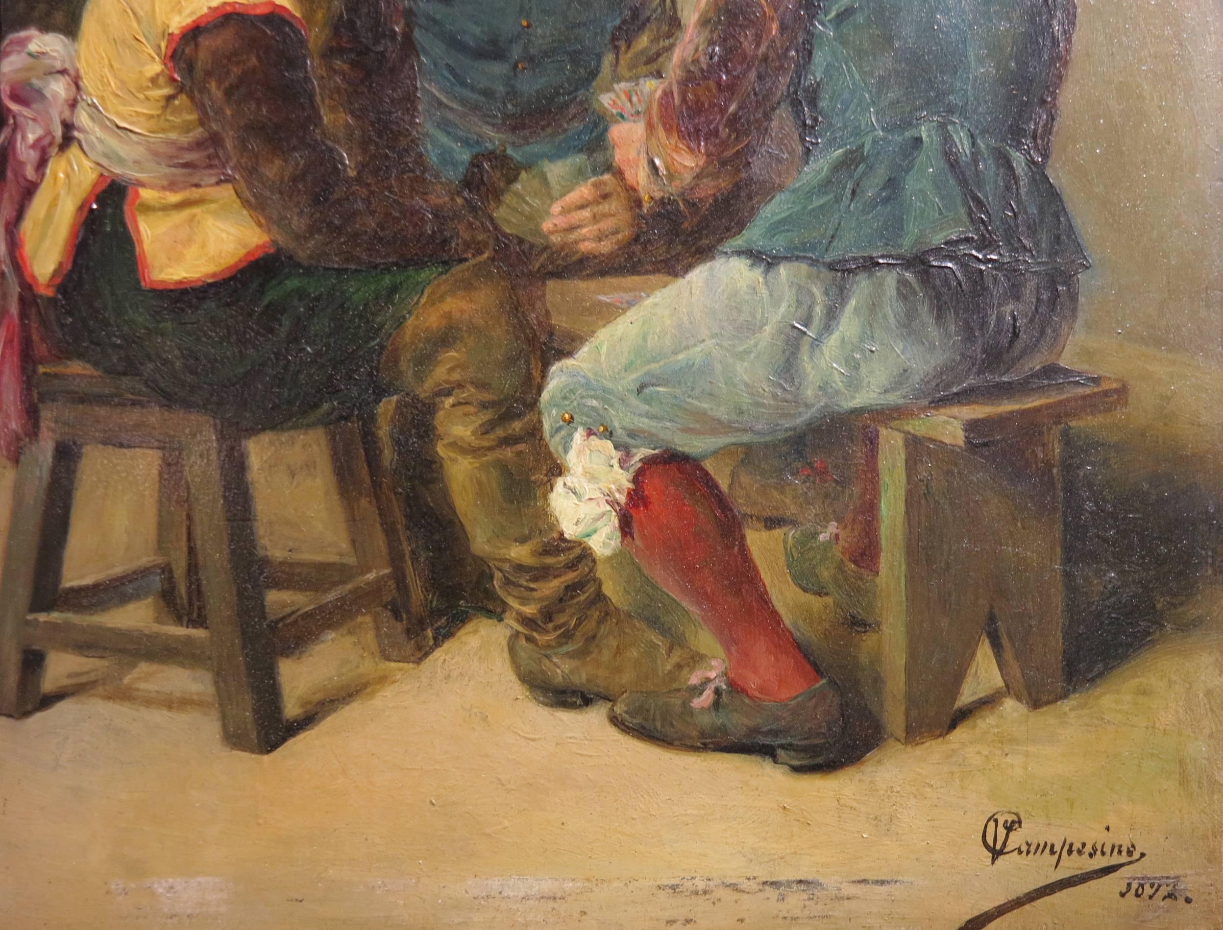 Beautiful academic painting by 19th century Spanish artist, Vicente Campesino. Oil on oak panel measures 5 x 7 inches; 12 x 14.5 inches framed. Signed and dated 1892, lower right. Depicted is a trio of handsome Spanish card players of the 18th