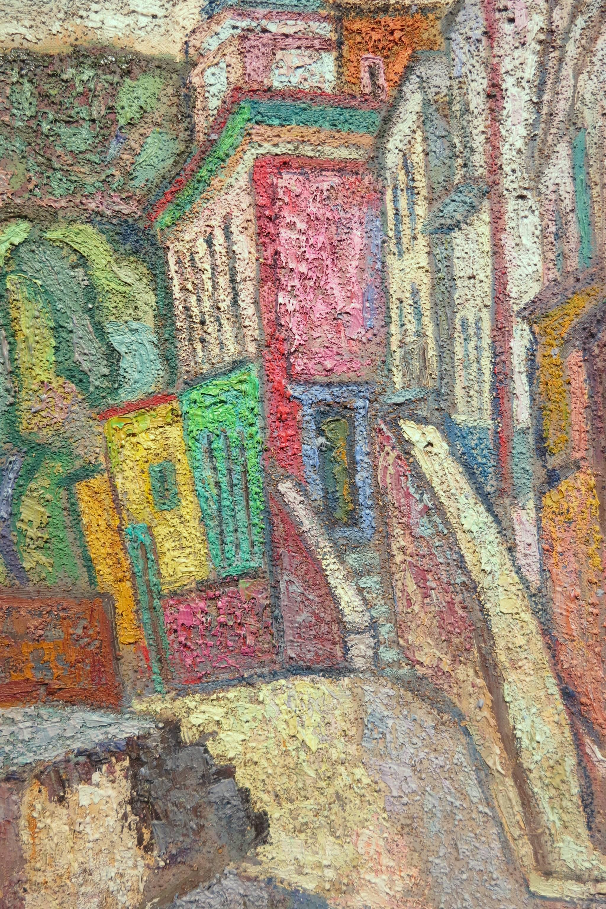 Beautiful architectural oil painting by American artist Samuel Reindorf (1914-1988). Oil and sand on canvas measures 22 x 30 inches; 23 x 31 inches framed. Excellent condition with no damage or restoration. Signed and dated lower right. Titled and