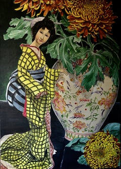Vann Ribblett, Scuola di New York, XX secolo, Composizione floreale con bambola geisha, olio su tela di lino