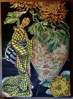 Vann Ribblett, Scuola di New York, XX secolo, Composizione floreale con bambola geisha, olio su tela di lino